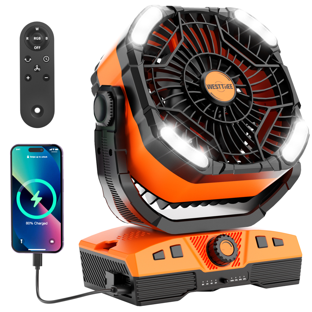 20000mAh Portable Rechargeable Camping Fan - Oscillating, Battery Operated, 270 Pivot, Stepless Speed, USB Desk & Outdoor Fan