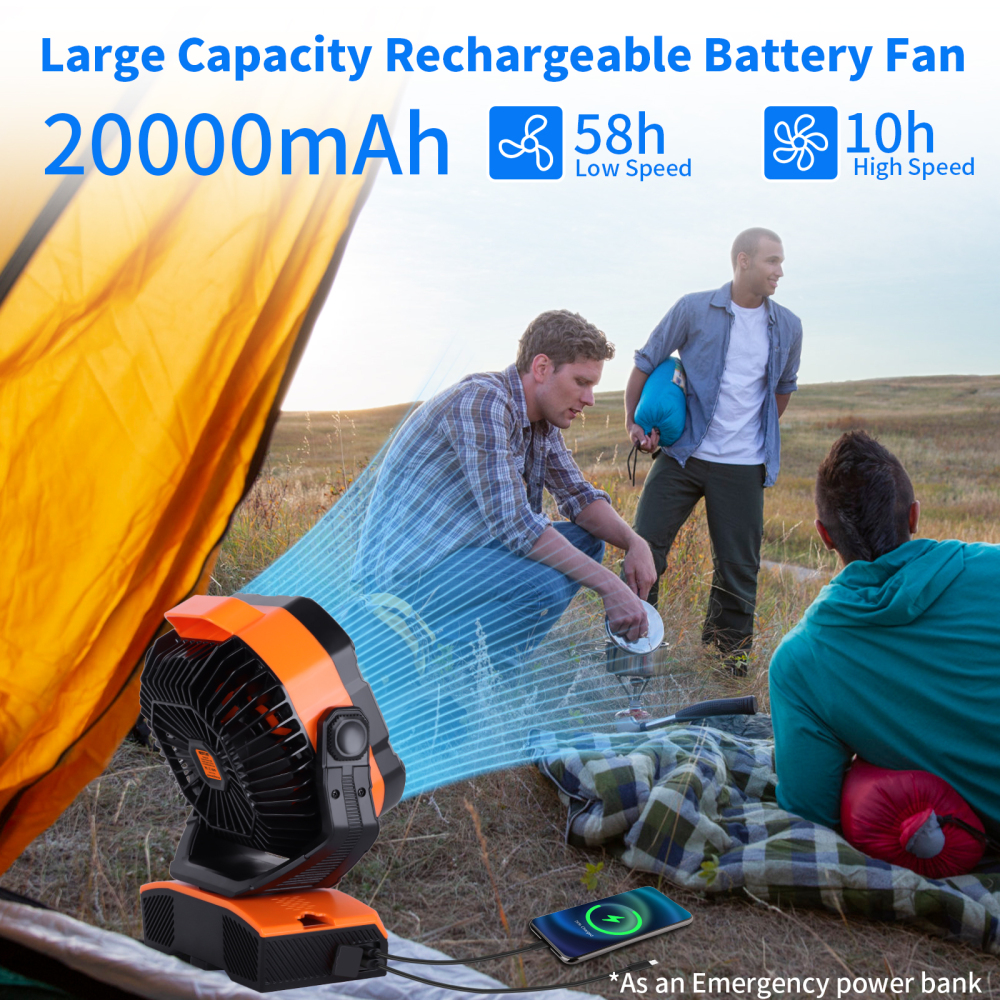 20000mAh Portable Rechargeable Camping Fan - Oscillating, Battery Operated, 270 Pivot, Stepless Speed, USB Desk & Outdoor Fan