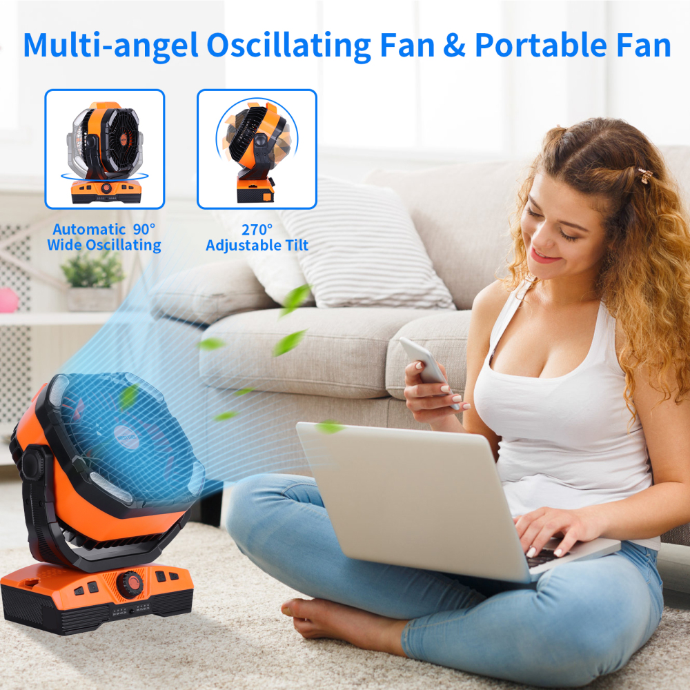 20000mAh Portable Rechargeable Camping Fan - Oscillating, Battery Operated, 270 Pivot, Stepless Speed, USB Desk & Outdoor Fan