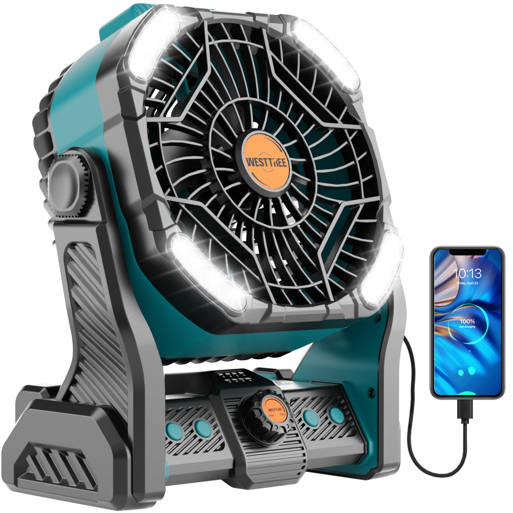 20000mAh Portable Camping Fan - Rechargeable Outdoor Tent Fan with LED Light, USB Port & Hook