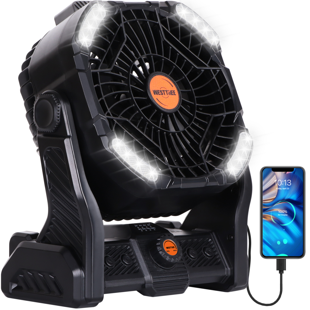 20000mAh Portable Camping Fan - Rechargeable Outdoor Tent Fan with LED Light, USB Port & Hook