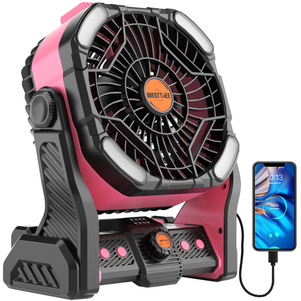 20000mAh Portable Camping Fan - Rechargeable Outdoor Tent Fan with LED Light, USB Port & Hook