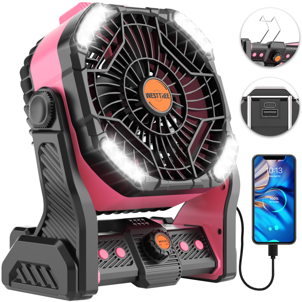 20000mAh Portable Camping Fan - Rechargeable Outdoor Tent Fan with LED Light, USB Port & Hook