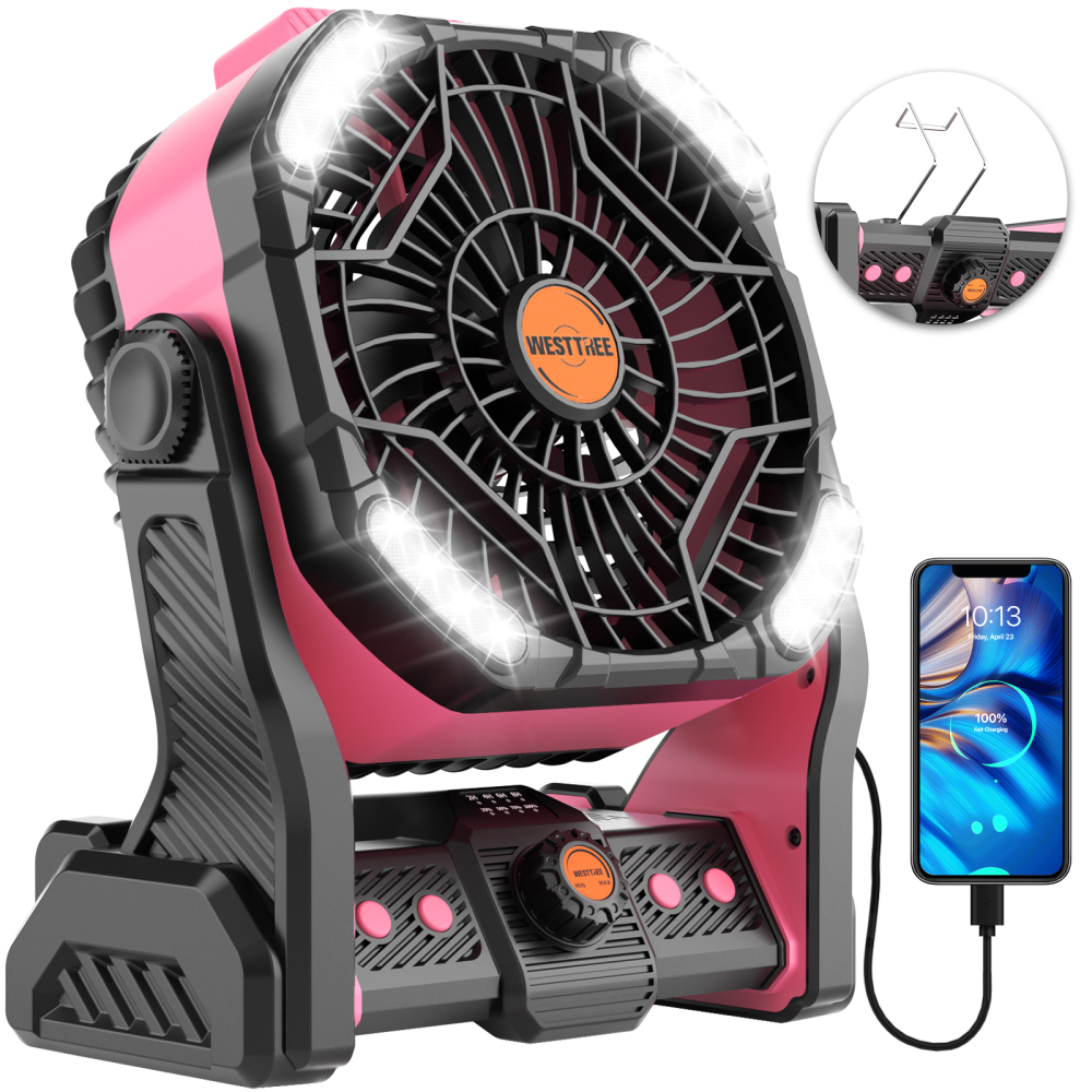20000mAh Portable Camping Fan - Rechargeable Outdoor Tent Fan with LED Light, USB Port & Hook