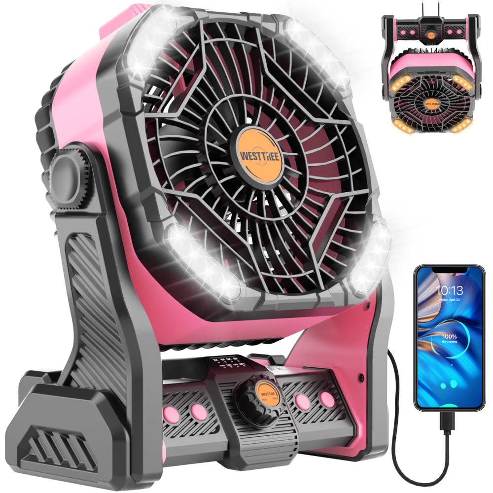 20000mAh Portable Camping Fan - Rechargeable Outdoor Tent Fan with LED Light, USB Port & Hook