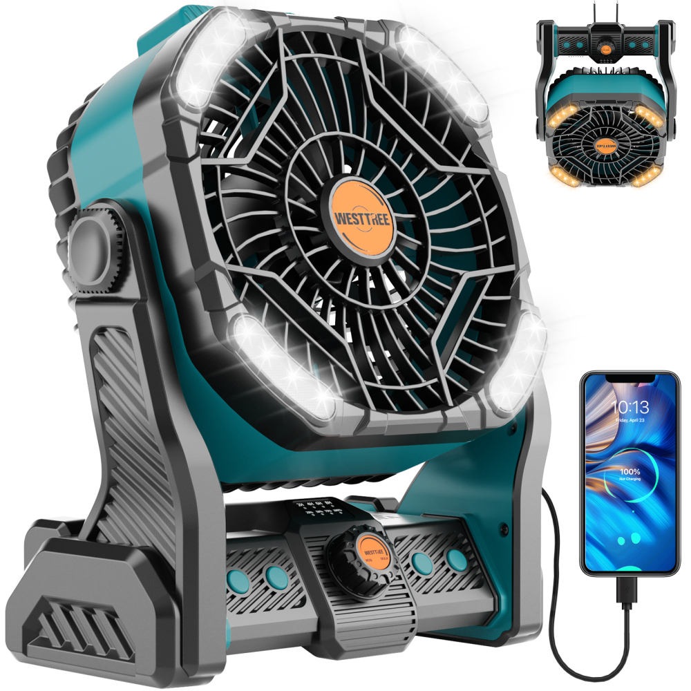20000mAh Portable Camping Fan - Rechargeable Outdoor Tent Fan with LED Light, USB Port & Hook