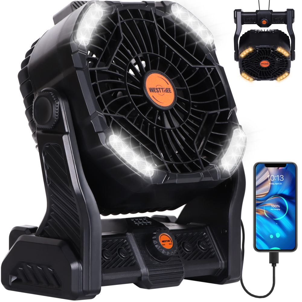 20000mAh Portable Camping Fan - Rechargeable Outdoor Tent Fan with LED Light, USB Port & Hook