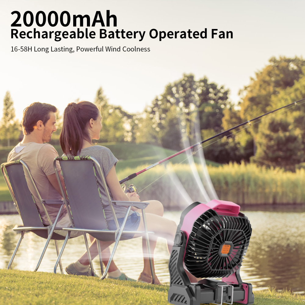 20000mAh Portable Camping Fan - Rechargeable Outdoor Tent Fan with LED Light, USB Port & Hook