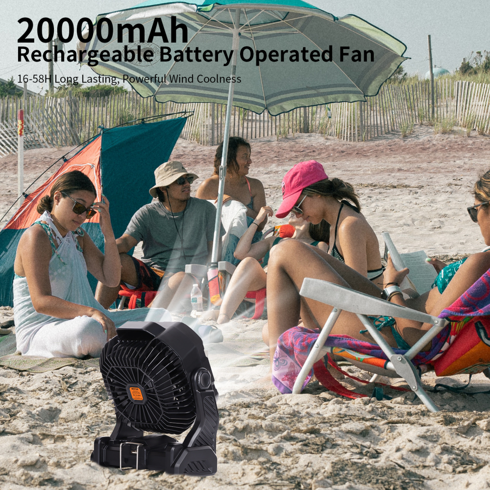 20000mAh Portable Camping Fan - Rechargeable Outdoor Tent Fan with LED Light, USB Port & Hook