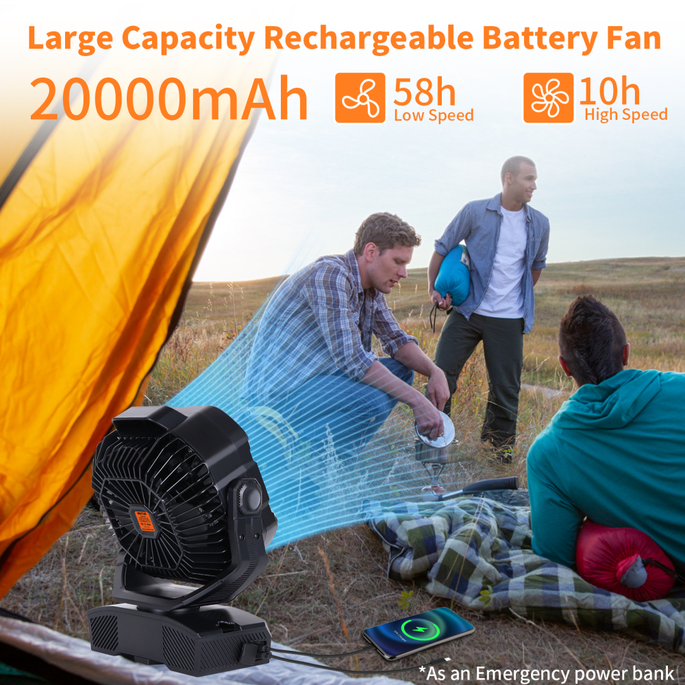 20000mAh Portable Rechargeable Camping Fan - Oscillating，Battery Operated, 270 Pivot,Stepless Speed,USB Desk & Outdoor Fan