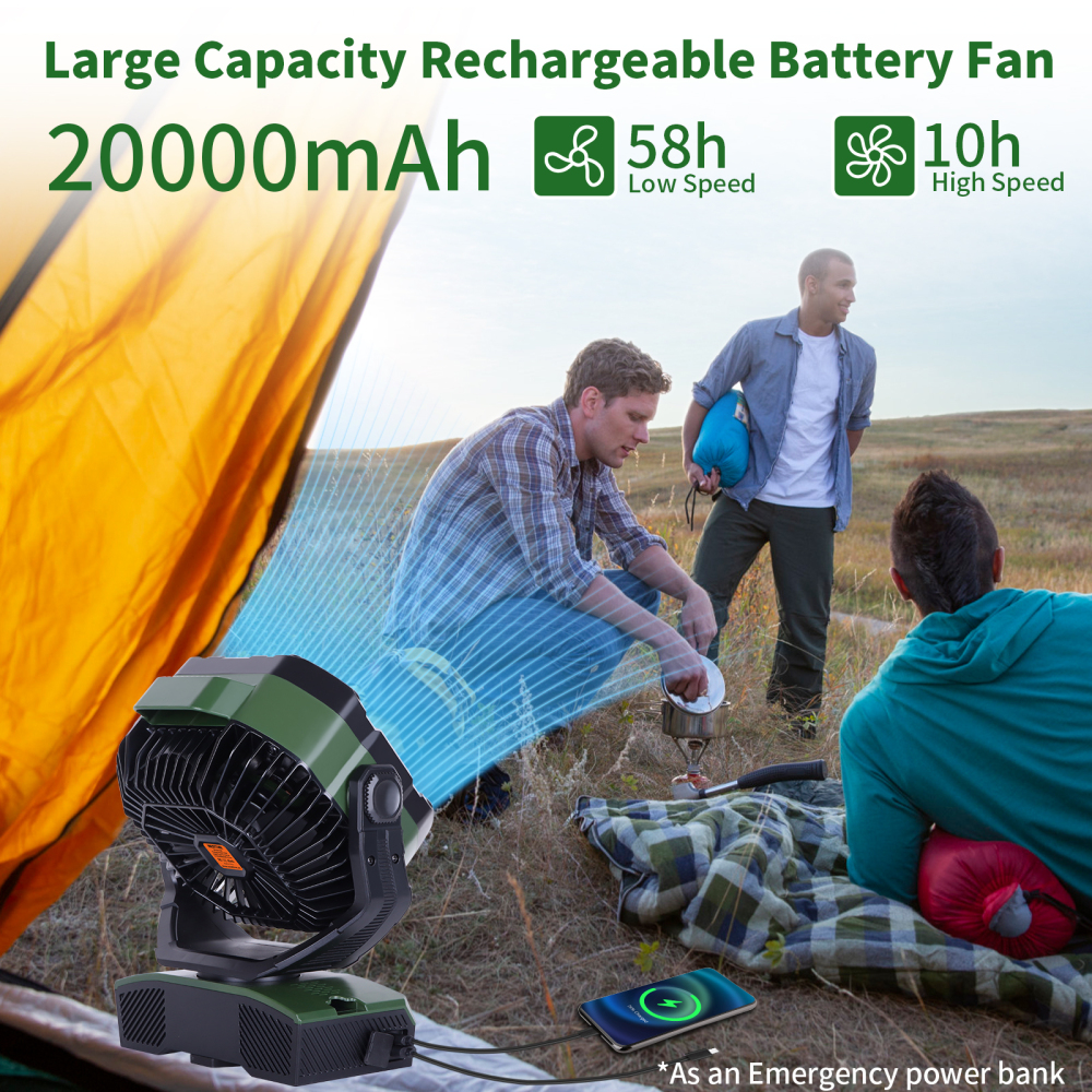 20000mAh Portable Rechargeable Camping Fan - Oscillating，Battery Operated, 270 Pivot,Stepless Speed,USB Desk & Outdoor Fan