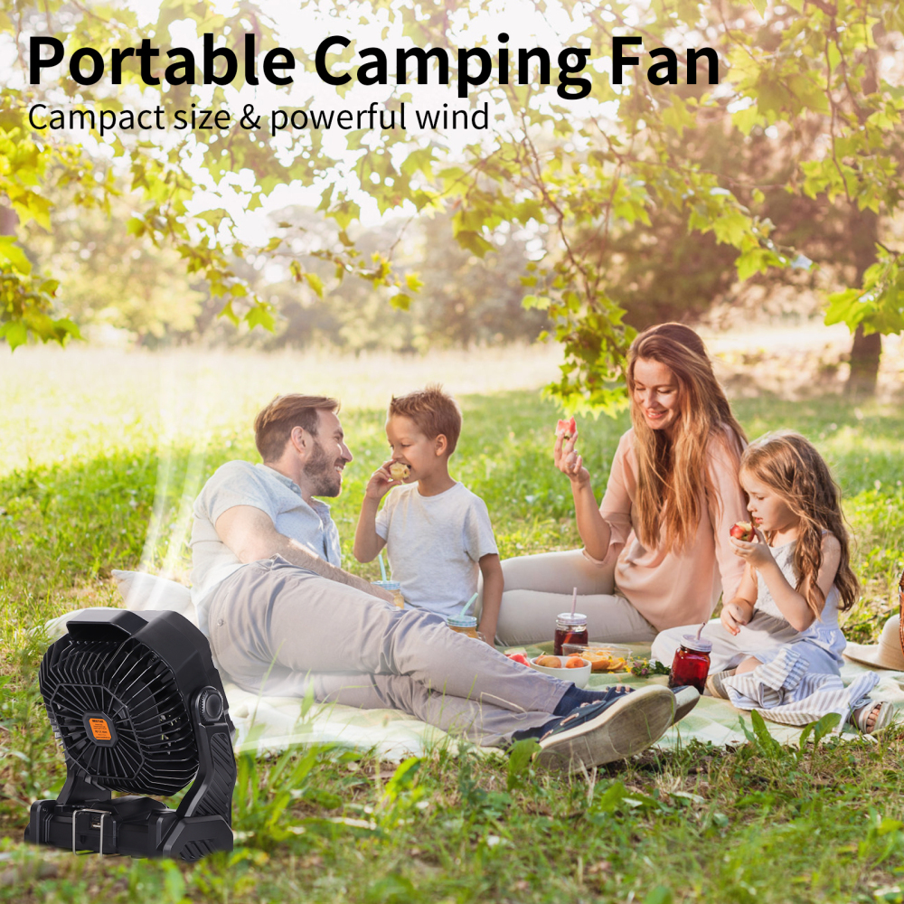 20000mAh Portable Camping Fan - Rechargeable Outdoor Tent Fan with LED Light, USB Port & Hook