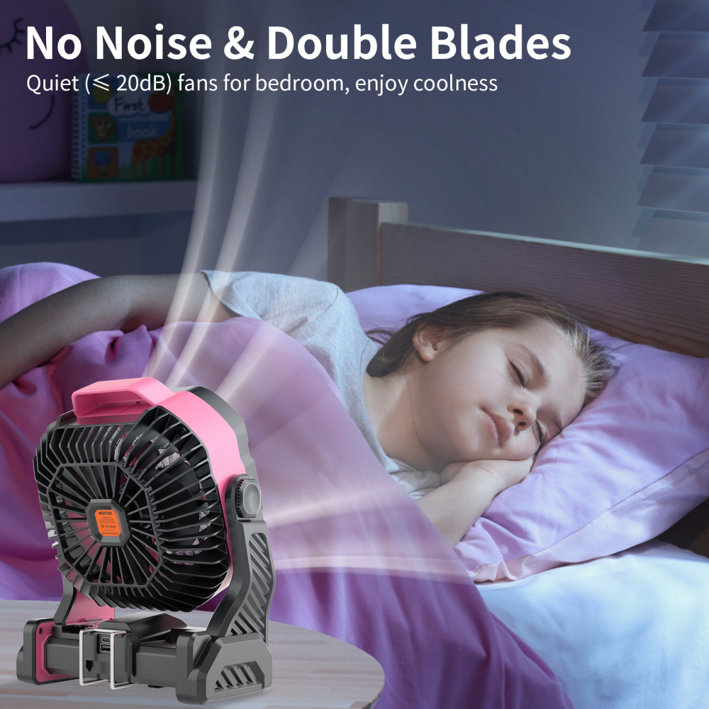 20000mAh Portable Camping Fan - Rechargeable Outdoor Tent Fan with LED Light, USB Port & Hook