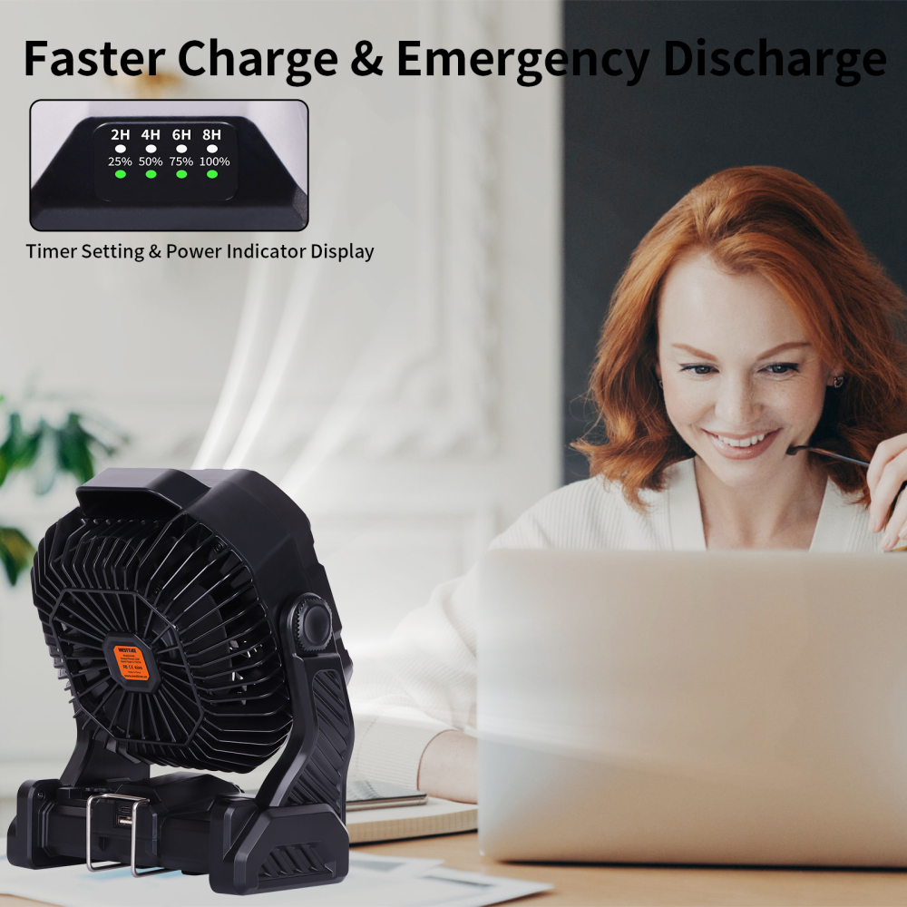 20000mAh Portable Camping Fan - Rechargeable Outdoor Tent Fan with LED Light, USB Port & Hook
