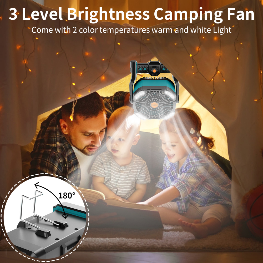 20000mAh Portable Camping Fan - Rechargeable Outdoor Tent Fan with LED Light, USB Port & Hook