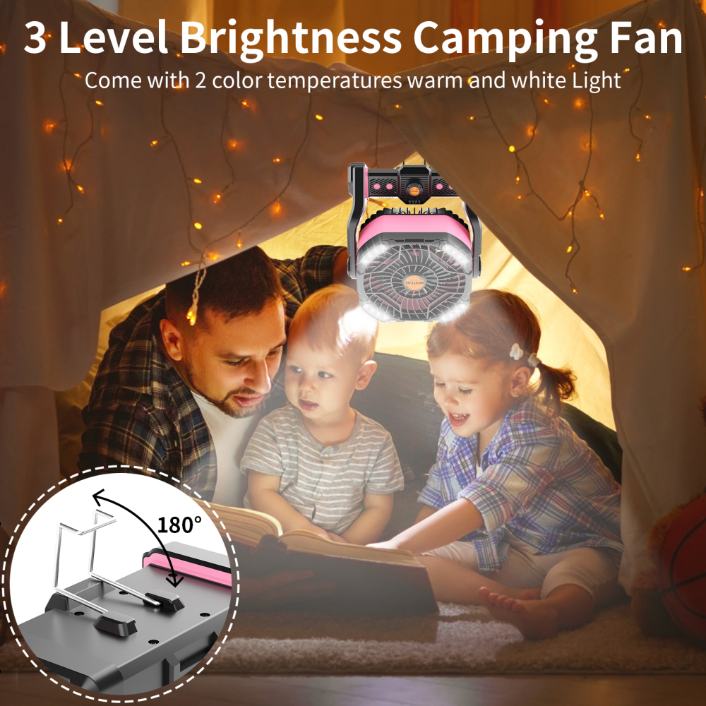 20000mAh Portable Camping Fan - Rechargeable Outdoor Tent Fan with LED Light, USB Port & Hook