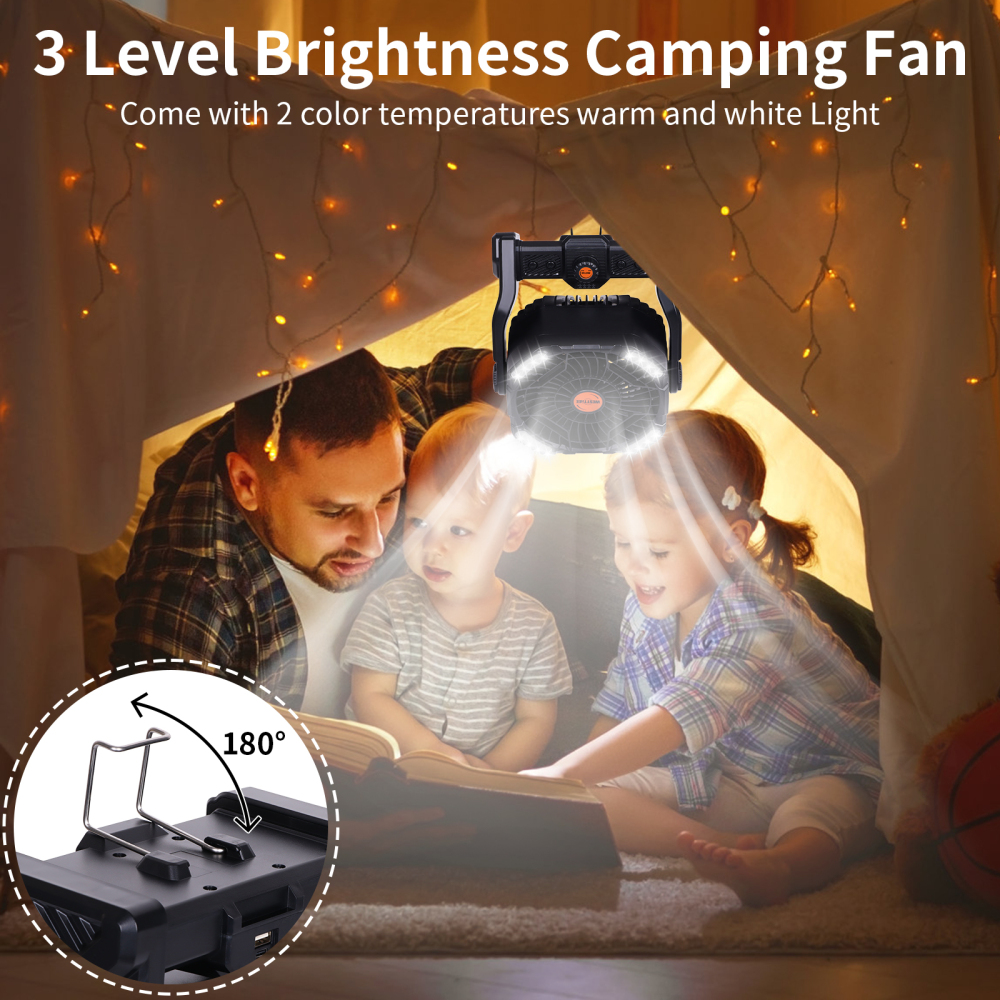 20000mAh Portable Camping Fan - Rechargeable Outdoor Tent Fan with LED Light, USB Port & Hook