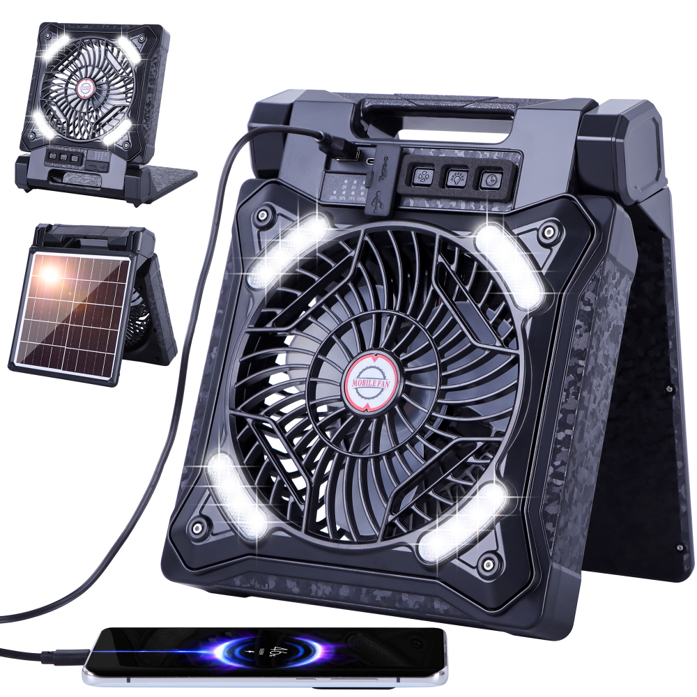 Solar Fan Battery Powered Rechargeable Solar Camping Fan with Led Lantern & Power Bank Foldable Angle USB Personal Fans for Travel Camping