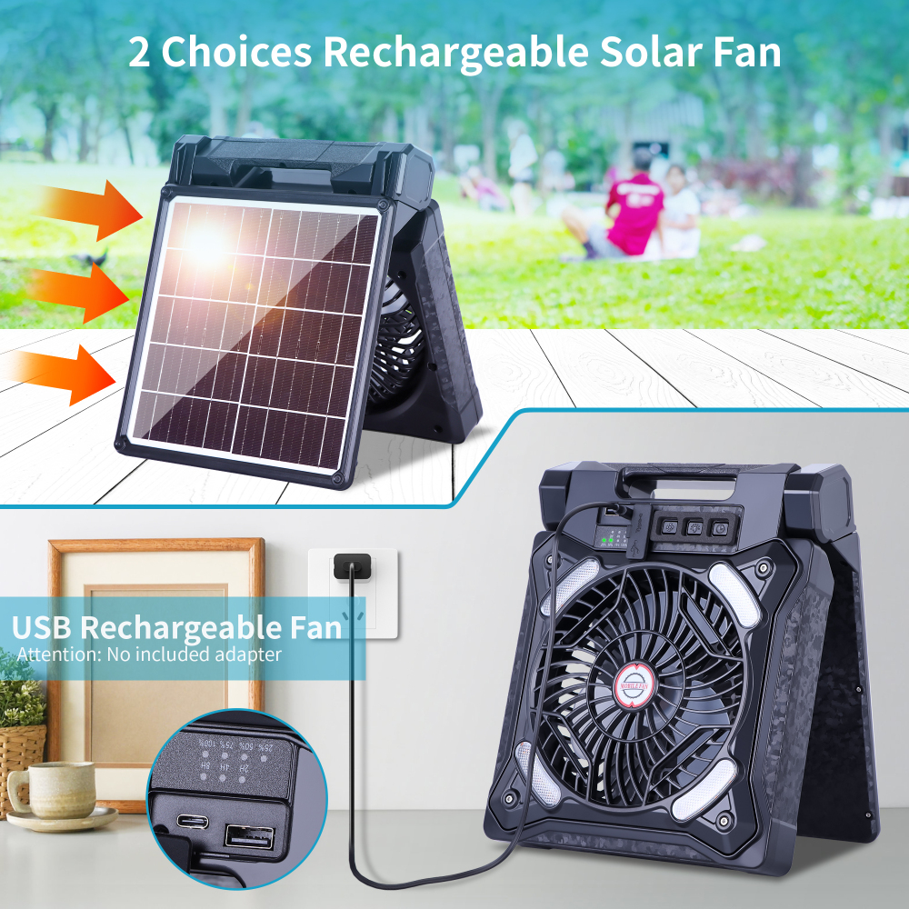 Solar Fan Battery Powered Rechargeable Solar Camping Fan with Led Lantern & Power Bank Foldable Angle USB Personal Fans for Travel Camping