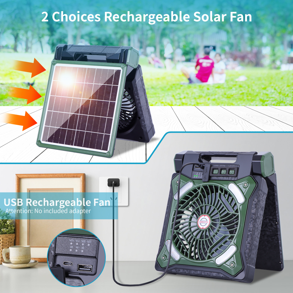 Solar Fan Battery Powered Rechargeable Solar Camping Fan with Led Lantern & Power Bank Foldable Angle USB Personal Fans for Travel Camping