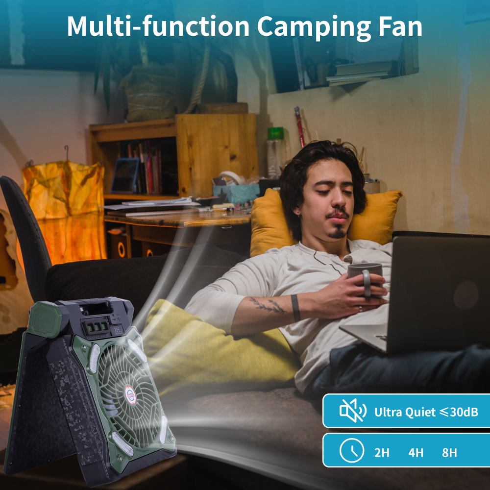 Solar Fan Battery Powered Rechargeable Solar Camping Fan with Led Lantern & Power Bank Foldable Angle USB Personal Fans for Travel Camping