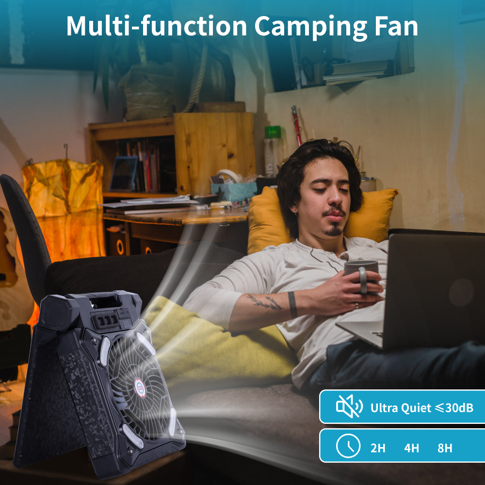 Solar Fan Battery Powered Rechargeable Solar Camping Fan with Led Lantern & Power Bank Foldable Angle USB Personal Fans for Travel Camping