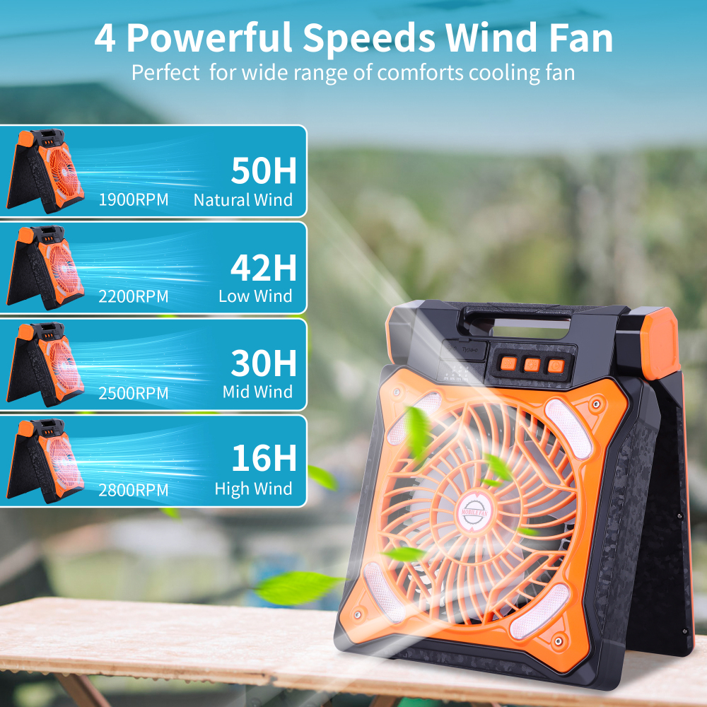 Solar Fan Battery Powered Rechargeable Solar Camping Fan with Led Lantern & Power Bank Foldable Angle USB Personal Fans for Travel Camping