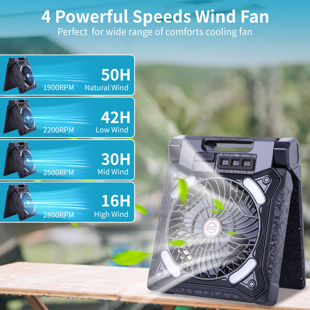 Solar Fan Battery Powered Rechargeable Solar Camping Fan with Led Lantern & Power Bank Foldable Angle USB Personal Fans for Travel Camping