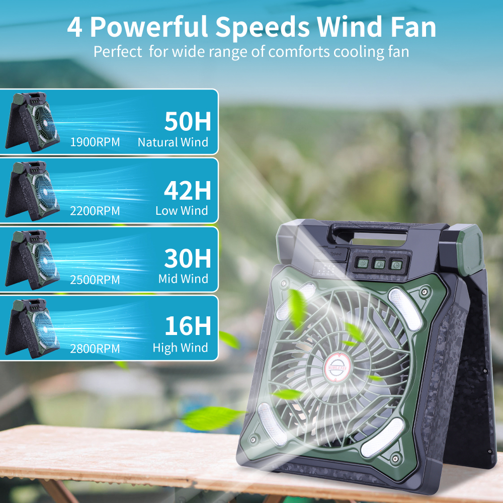 Solar Fan Battery Powered Rechargeable Solar Camping Fan with Led Lantern & Power Bank Foldable Angle USB Personal Fans for Travel Camping