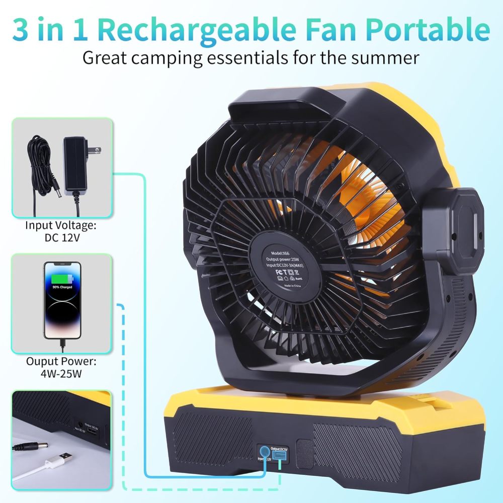 Battery Powered Fan Powerful Airflow Battery Operated Air Circulator Fan for Bedroom,Quiet & 360°Auto Oscillating Rechargeable Camping Fans with LED Light