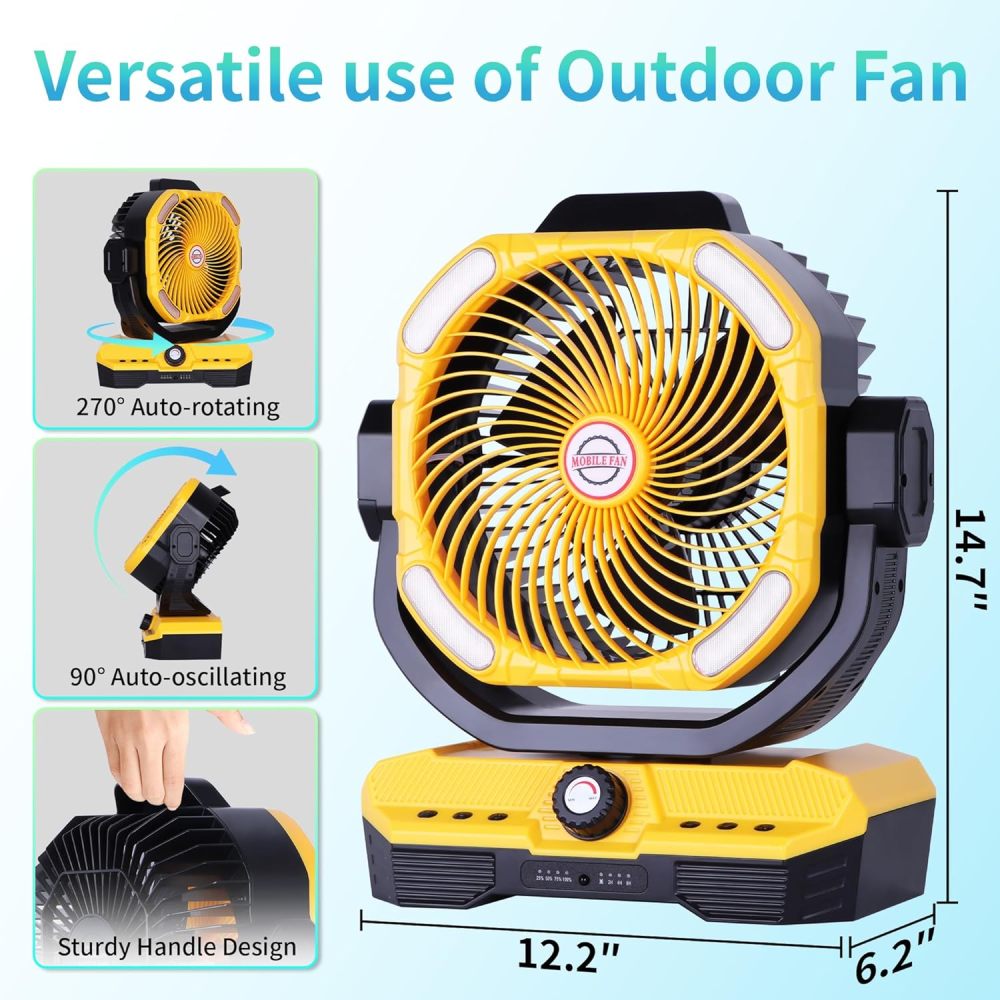 Battery Powered Fan Powerful Airflow Battery Operated Air Circulator Fan for Bedroom,Quiet & 360°Auto Oscillating Rechargeable Camping Fans with LED Light