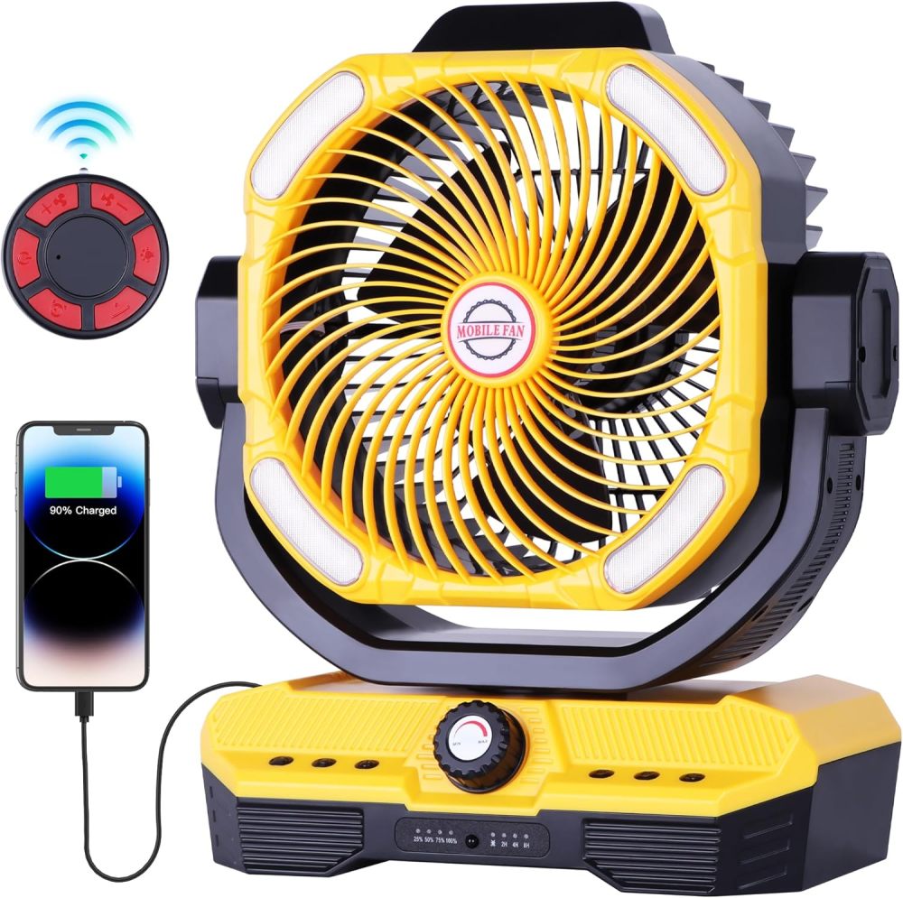 Battery Powered Fan Powerful Airflow Battery Operated Air Circulator Fan for Bedroom,Quiet & 360°Auto Oscillating Rechargeable Camping Fans with LED Light