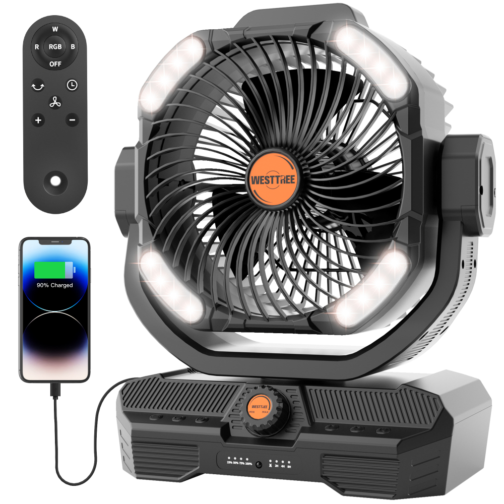 Battery Powered Fan Powerful Airflow Battery Operated Air Circulator Fan for Bedroom,Quiet & 360°Auto Oscillating Rechargeable Camping Fans with LED Light