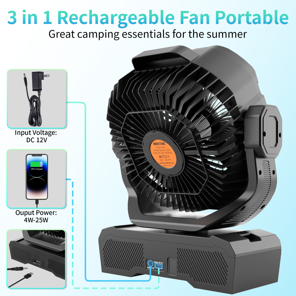 Battery Powered Fan Powerful Airflow Battery Operated Air Circulator Fan for Bedroom,Quiet & 360°Auto Oscillating Rechargeable Camping Fans with LED Light