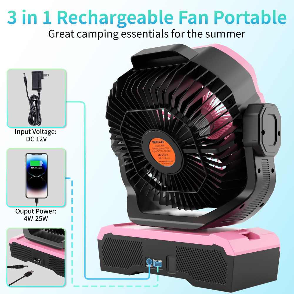 Battery Powered Fan Powerful Airflow Battery Operated Air Circulator Fan for Bedroom,Quiet & 360°Auto Oscillating Rechargeable Camping Fans with LED Light