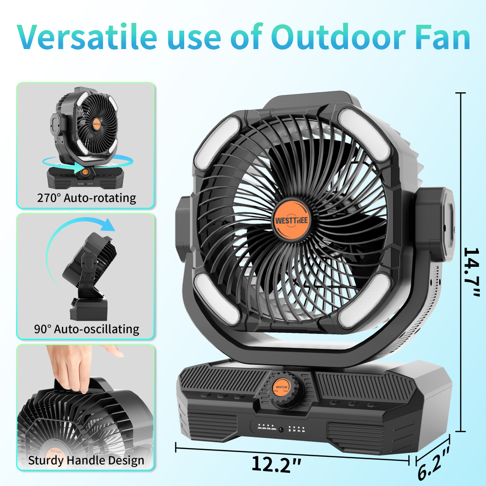 Battery Powered Fan Powerful Airflow Battery Operated Air Circulator Fan for Bedroom,Quiet & 360°Auto Oscillating Rechargeable Camping Fans with LED Light