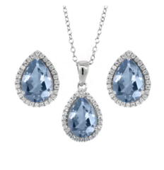 6.00 Ct 10X7mm Created Aquamarine Pear Shape Pendant Earrings Silver Set 18"