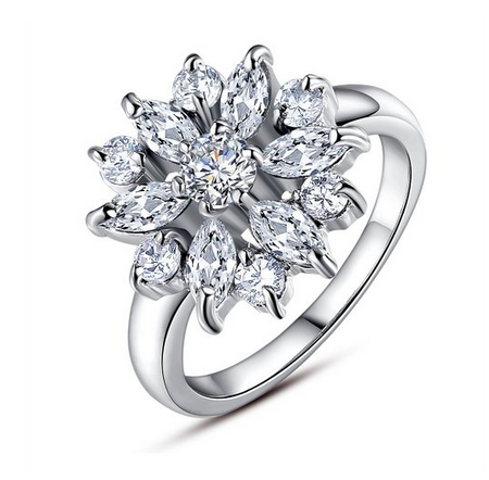 Bamoer Women Silver Flower Rings 18K Round White Gold Plated Brass Finger Ring CZ Jewelry