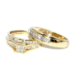 His and Her Rings Trio Set Princess Cut Diamond 0.75ctw 10k Yellow Gold Mens Womens Rings