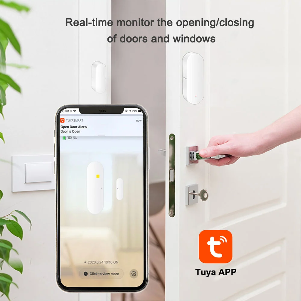 PST-WD002 magnetic contact positioned on an indoor door frame for open and close status reporting