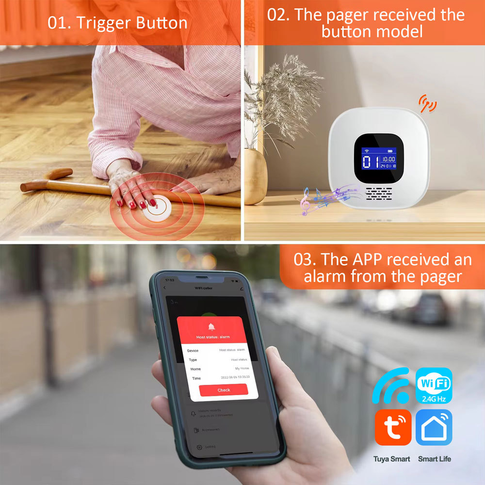 Tuya Smart WiFi Caregiver Pager – SOS Alarm System, 16 Ringtones, LCD Display. For Nursing Homes/Family Care