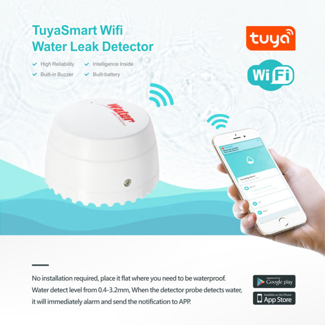 Tuya WiFi Water Leak Detector – 24/7 Monitoring, App-Controlled Alarms