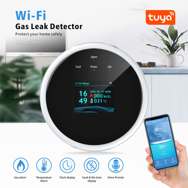 Tuya Smart WiFi Gas Sensor: LCD Display, Gas & Heat Alerts, App Notifications, Works with Tuya