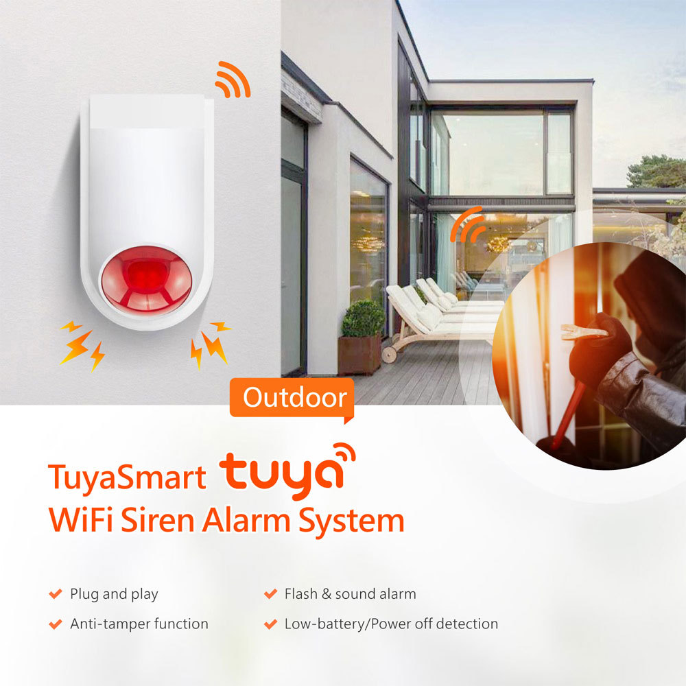 Tuya Smart WiFi Outdoor Siren Alarm System: 110 - 120dB, App/Voice Control, 100 Wireless Sensors Support
