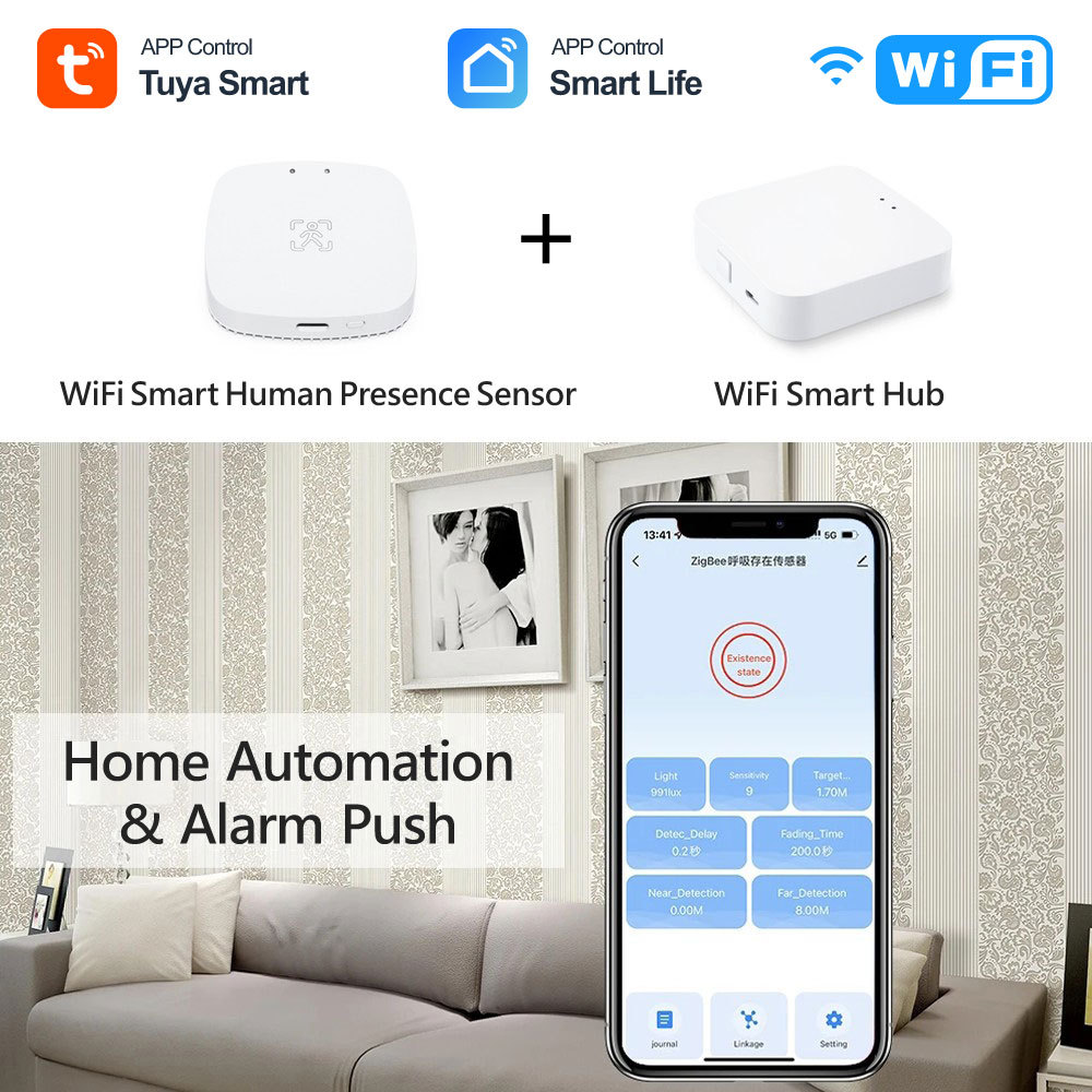 Tuya Smart WiFi Breathing Presence Sensor - Side Wall Mounted, mmWave Radar, App Control