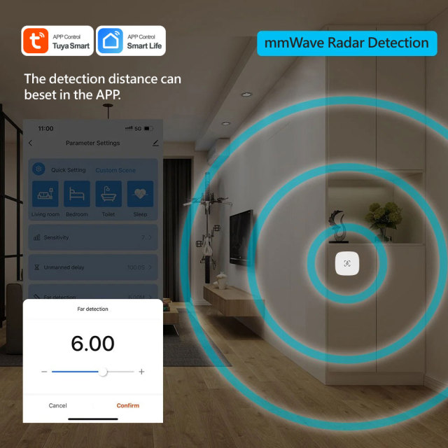 Tuya Smart WiFi Breathing Presence Sensor - Side Wall Mounted, mmWave Radar, App Control