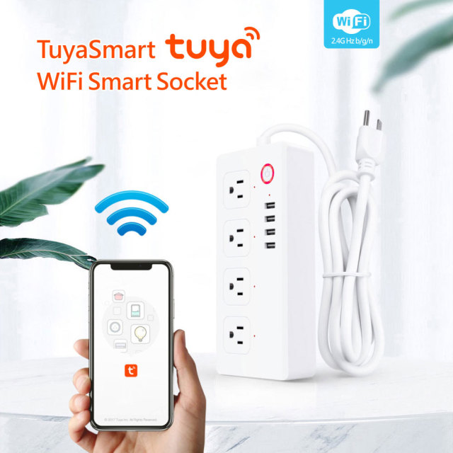 Tuya Smart WiFi US Power Strip with 4 Outlets, 2 USB & 2 Type-C Fast Charging Ports, Voice Control Smart Plug
