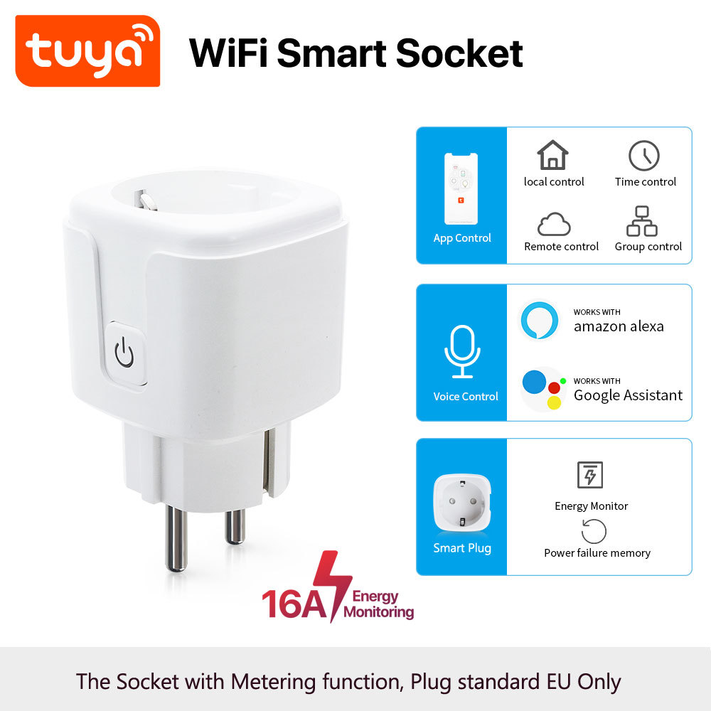 Tuya Smart WiFi 16A EU Socket Plug with Energy Metering - Remote Control, Voice Compatibility