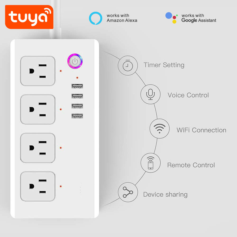 Tuya Smart WiFi US Power Strip with 4 Outlets, 2 USB & 2 Type-C Fast Charging Ports, Voice Control Smart Plug