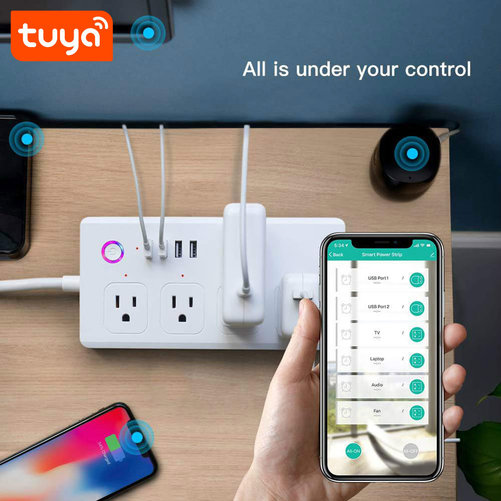 Tuya Smart WiFi US Power Strip with 4 Outlets, 2 USB & 2 Type-C Fast Charging Ports, Voice Control Smart Plug